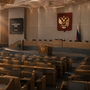 Сгенерированная нейросетью иллюстрация: зал пленарных заседаний Государственной думы с гербом России.